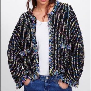 Zara TWEED KNIT JACKET CARDIGAN MULTI COLOR